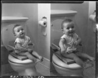 Eight-month-old Rosita Dee Cornell sitting on the toilet in a potty training chair, California, 1931