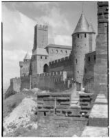 Exterior view of the ramparts around the fortified town of Carcassonne, France, 1929