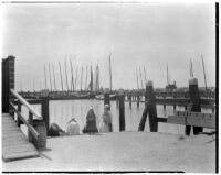 Several women and girls possibly washing clothes in the harbor, Holland, 1929