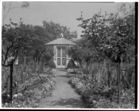 Dr. and Mrs. P. G. White residence, view towards lathhouse in cutting garden, Los Angeles, 1933-1938