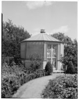 Dr. and Mrs. P. G. White residence, view towards lathhouse in cutting garden, Los Angeles, 1933-1938