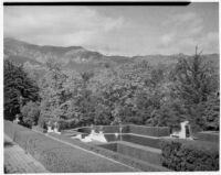 Wright Saltus Ludington residence, view from terrace towards oval reflecting pool, Montecito, 1931