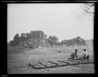 Kamia Indians from the Capitan Grande Reservation making adobe bricks, San Diego, 1919