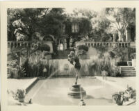 John Percival Jefferson residence, view towards house from reflection pool with statue of a bacchante by MacMonnies, Montecito, 1931