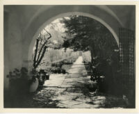 Allied Arts Guild of California, view from arch looking down walkway, Menlo Park, 1932