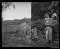 Man carrying water pails and woman with two children, Hawaii, 1938