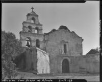 Mission San Diego de Alcalá, external view of the chapel façade and bell cote, San Diego, 1933