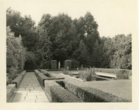 John Percival Jefferson residence, pond framed by clipped hedges and walkway, Montecito, 1931