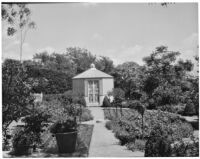 Dr. and Mrs. P. G. White residence, view towards parterre beds and lathhouse in cutting garden, Los Angeles, 1933-1938