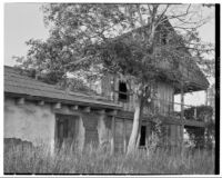 Rancho Los Cerritos, view of decaying house and balcony, Long Beach, 1930