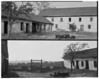 Rancho Los Cerritos, 2 views of decaying house, courtyard, gate, and car, Long Beach, 1930