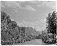 View of cliffs along the Dordogne River, France, 1920s