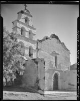 Mission San Diego de Alcalá, external view of the chapel façade and bell cote, San Diego, 1933