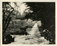 Allied Arts Guild of California, view towards walkway and garden, Menlo Park, 1932