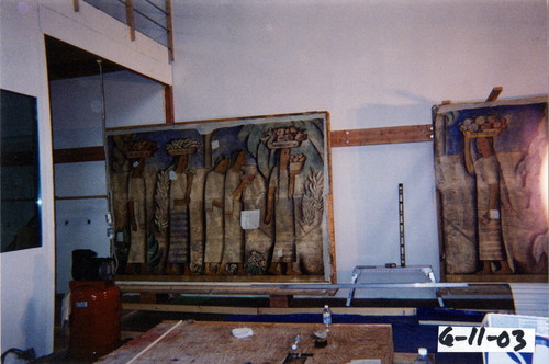 Two of the five sections of the 1938 Alfredo Ramos Martinez fresco mural “El Dia del Mercado” before restoration by Nathan Zakheim at his Playa Vista studio, 2003