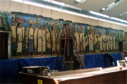 All five panels of the El Dia del Mercado mural by Alfredo Ramos Martinez are set in place and ready to receive continued on-site restoration work, Coronado, 2005