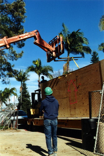 Heavy equipment is necessary to lift the five crates housing the fresco mural “El Dia del Mercado” by Alfredo Ramos Martinez from the flatbed semi-truck used to transport the mural from Los Angeles to the Coronado Public Library, 2005