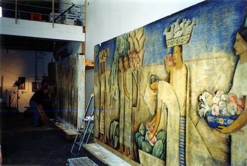 Two sections of the of the 48 foot long Alfredo Ramos Martinez fresco mural El Dia del Mercado mounted lineally for restoration, 2003