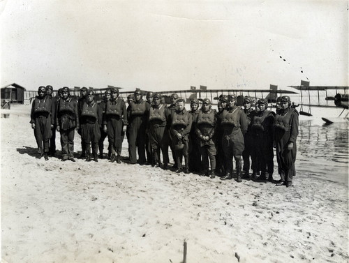 Military pilots lined-up in front of Curtiss N-9 seaplanes, North Island, c. 1918