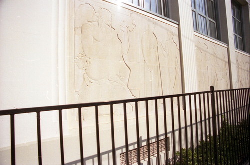 View of the far left panels of The Legend of California bas relief by Donal Hord