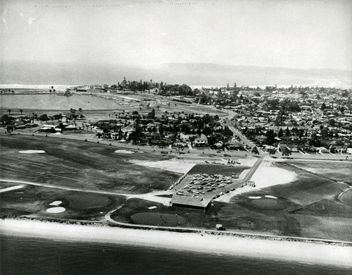 Aerial view of Coronado looking west over golf course, Hotel del Coronado, c. 1960