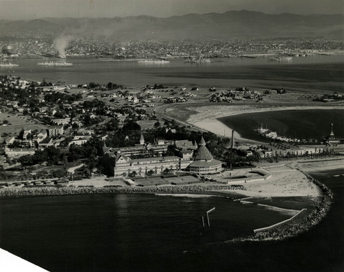 Aerial view of Coronado looking east over San Diego Bay, c. 1930