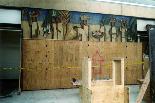 The two largest panels of the El Dia del Mercado mural by Alfredo Ramos Martinez will be connected by three shorter panels, Coronado, 2005