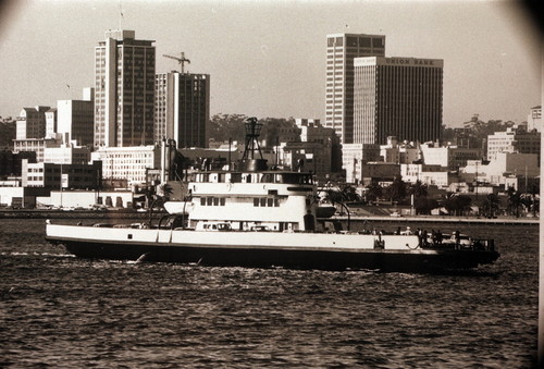 The ferry boat “Crown City” and San Diego cityscape, circa 1969