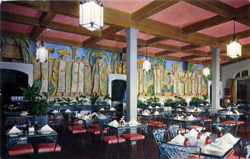 Interior view of La Avenida Cafe with the 1938 El Dia del Mercado mural by Ramos Martinez, Coronado c. 1950 (Postcard)