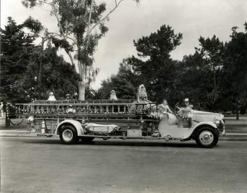 Coronado Fire Department’s 1928 Mack quadruple combination fire engine on parade, circa 1929