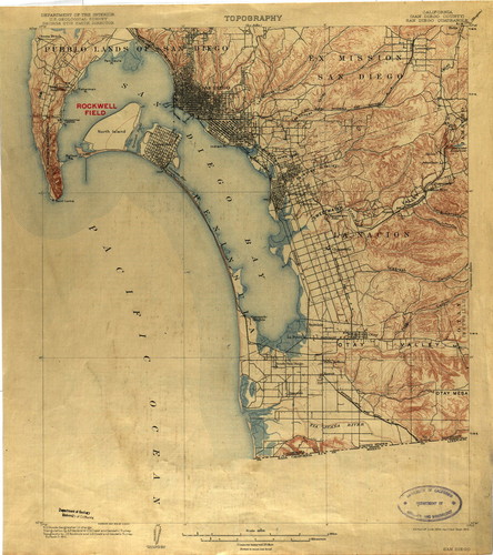 Department of the Interior, U.S, Geological Survey, George Otis Smith, Director, Topography, California (San Diego County) San Diego Quadrangle. Edition of June 1904, reprinted September 1915