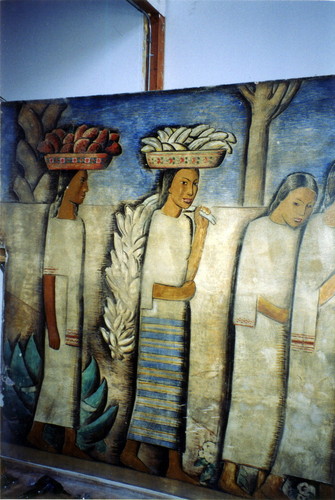 One panel of the 48 foot long El Dia del Mercado fresco mural by Alfredo Ramos Martinez before restoration, 2003