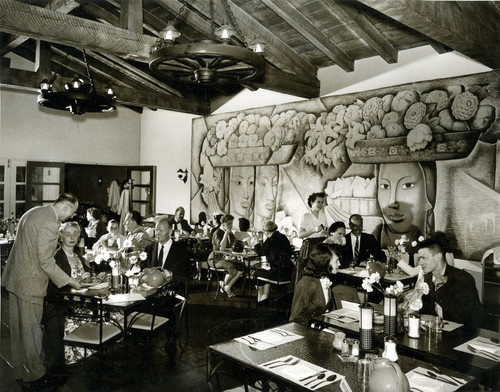 Image of La Avenida Cafe interior with the 1938 Flores de Mexico mural by Ramos Martinez, Coronado, 1955