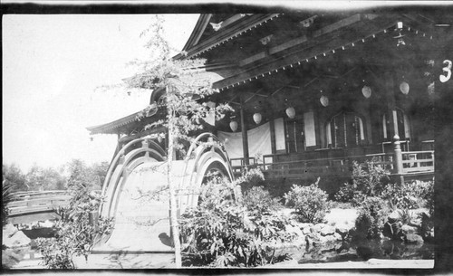 The Japanese tea garden’s moon bridge and tea pavilion at the 1915 Panama-California Exposition Balboa Park, San Diego, 1915 (Postcard)