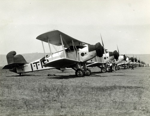 Row of Navy training biplanes on grass field, North Island, c. 1937