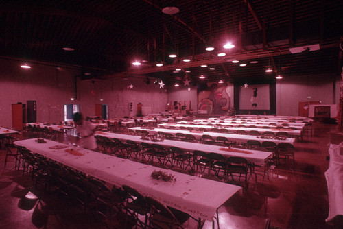 Arena interior with tables and decorations