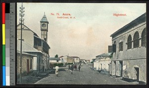 Accra high street with clock tower, Ghana, ca.1920-1940