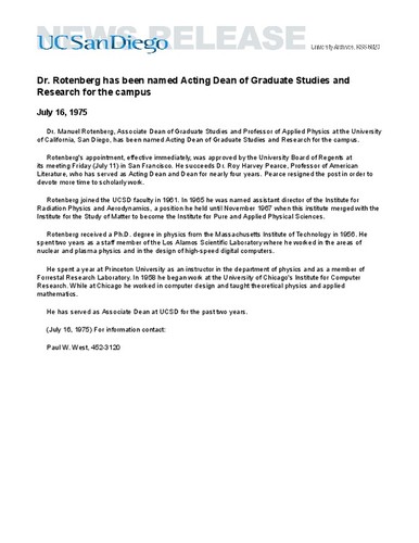 Dr. Rotenberg has been named Acting Dean of Graduate Studies and Research for the campus