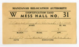Mess hall identification card, Claire Ayako Harada
