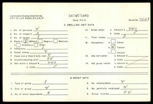 WPA Low income housing area survey data card 95, serial 11428