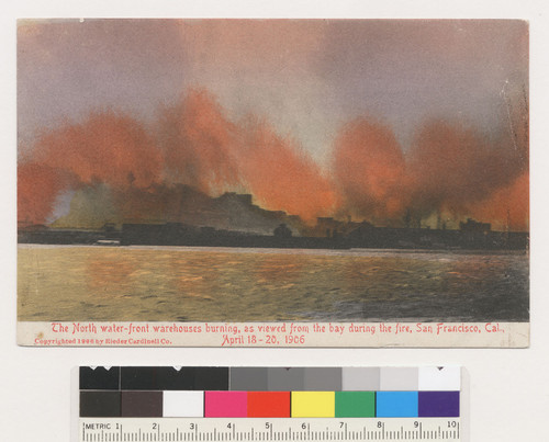 The north water-front warehouses burning, as viewed from the bay during the fire, San Francisco, Cal., April 18-20, 1906. [Postcard. No. 6912.]