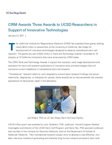 CIRM Awards Three Awards to UCSD Researchers in Support of Innovative Technologies