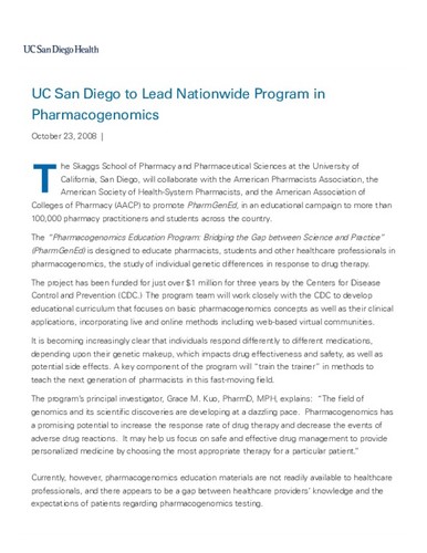 UC San Diego to Lead Nationwide Program in Pharmacogenomics