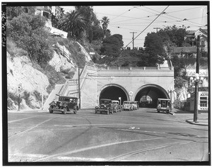 Automobiles passing through the Hill Street tunnel looking north from First Street, Los Angeles