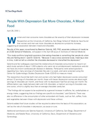 People With Depression Eat More Chocolate, A Mood Food