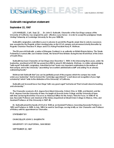 Galbraith resignation statement