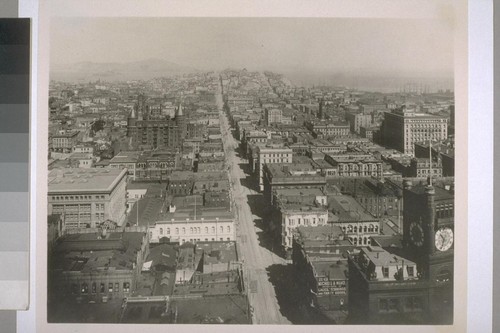 North on Kearny St. from Spreckles Building, toward Telegraph Hill, 1905. California Hotel, two cupolas, left center; Old St. Mary's Church, behind hotel; St. Francis Church, two towers, in far distance behind; White House department store, left of center of street; Chronicle Building (with clock that fell in earthquake), lower right corner; Mills Building, with tower and flagpole