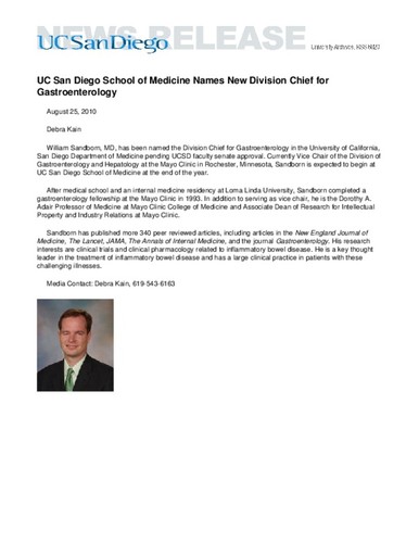 UC San Diego School of Medicine Names New Division Chief for Gastroenterology