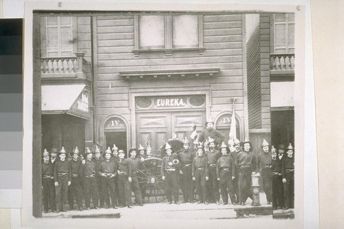 Eureka Fire House and firemen. Ca. 1858