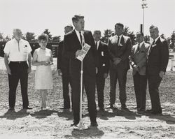 Sonoma County Fair Board member and others on the racetrack with Mayor LeMenager, Santa Rosa, California, about 1966